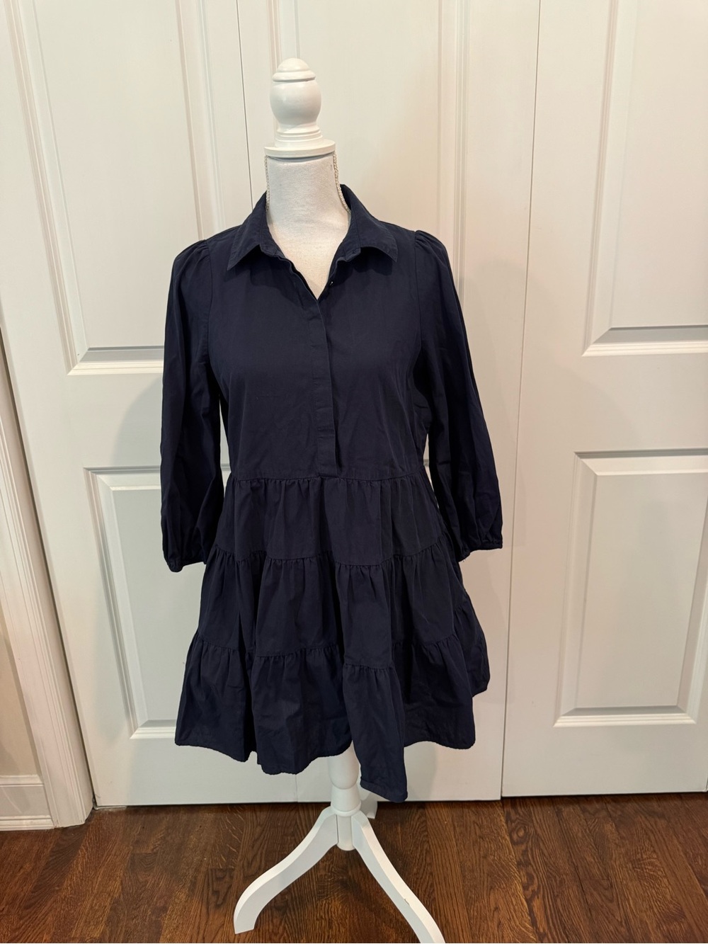 Pomander Place by Tuckernuck Navy Blue Mabel Cotton Tiered Shirt Dress Size S - Picture 5 of 15